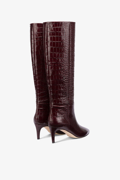 Pointed knee-high boots in rouge noir soft croco-embossed leather