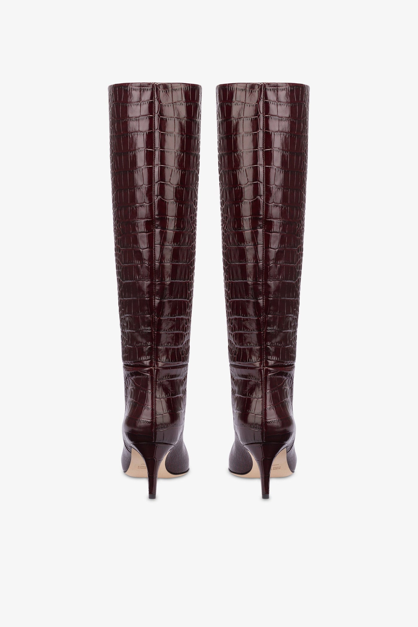 Pointed knee-high boots in rouge noir soft croco-embossed leather