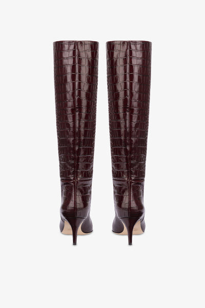 Pointed knee-high boots in rouge noir soft croco-embossed leather