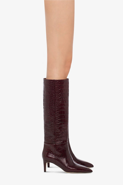 Pointed knee-high boots in rouge noir soft croco-embossed leather