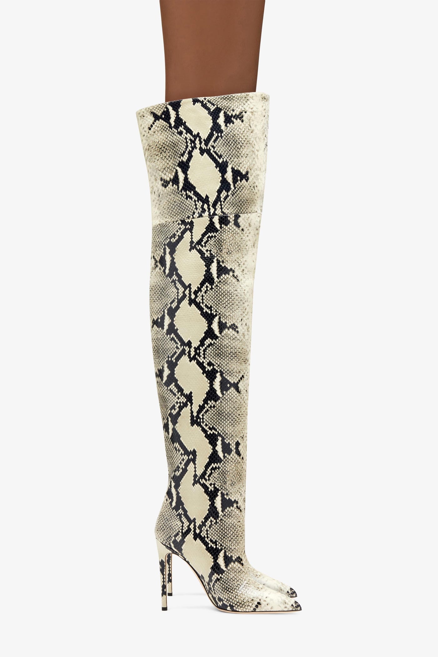 Printed phyton leather stiletto over the knee boots