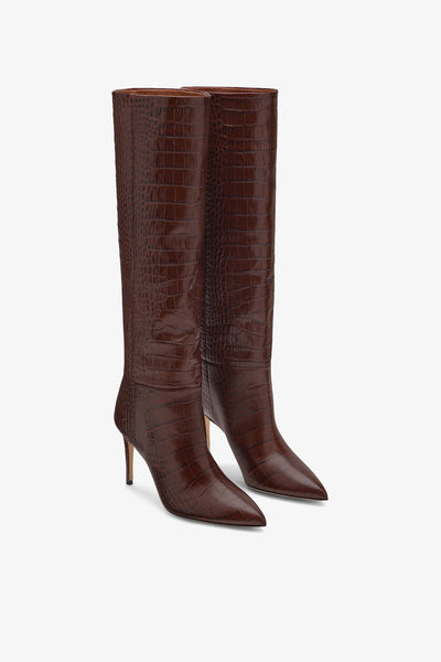 Chocolate brown croc-effect leather heel 85 boots