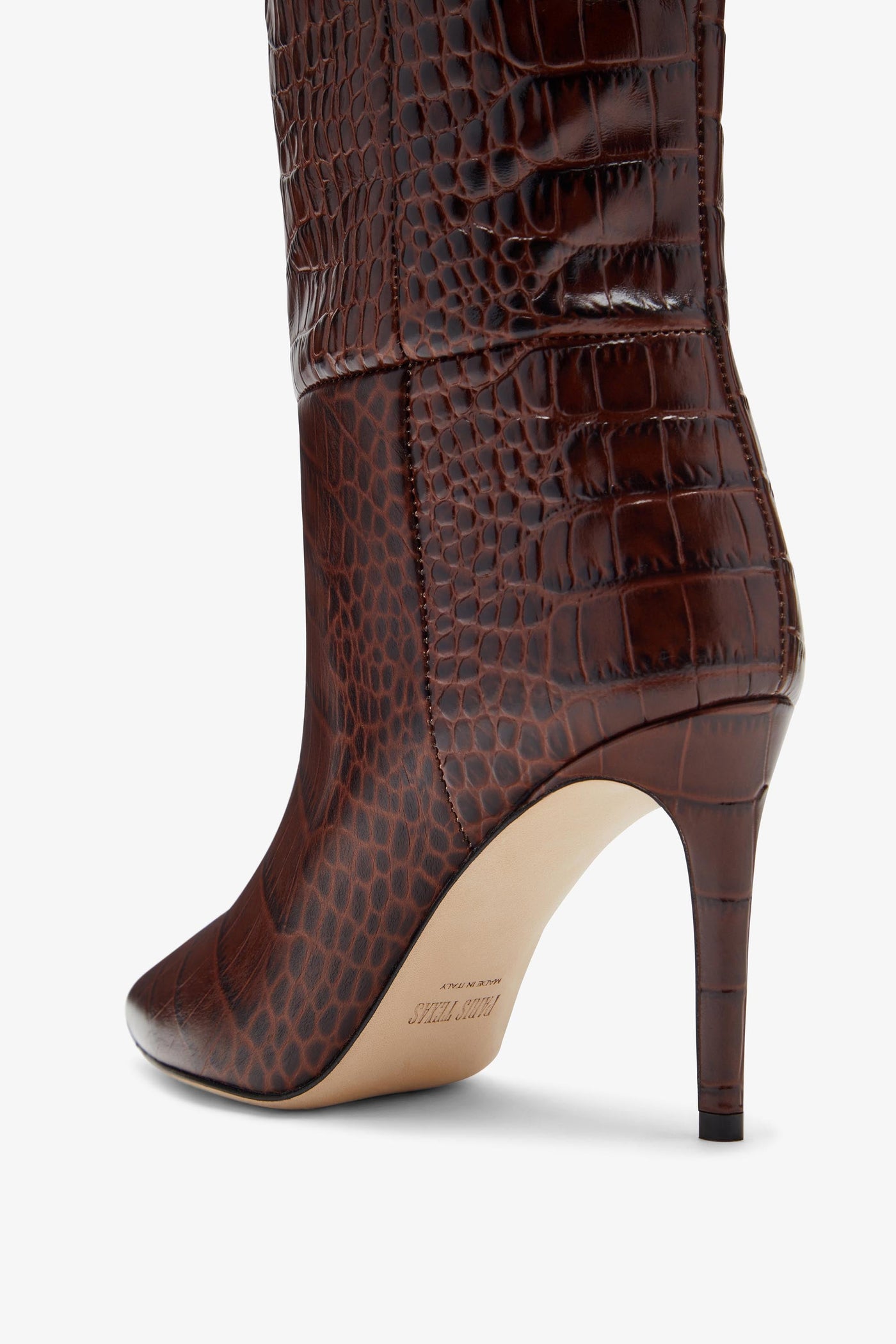 Chocolate brown croc-effect leather heel 85 boots