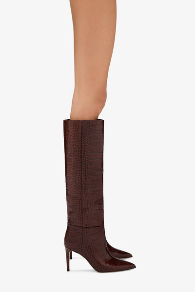 Chocolate brown croc-effect leather heel 85 boots