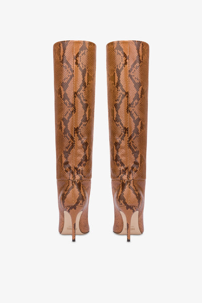 Pointed knee-high boots in canyon soft python-printed leather