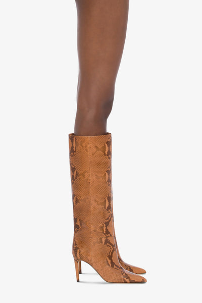 Pointed knee-high boots in canyon soft python-printed leather