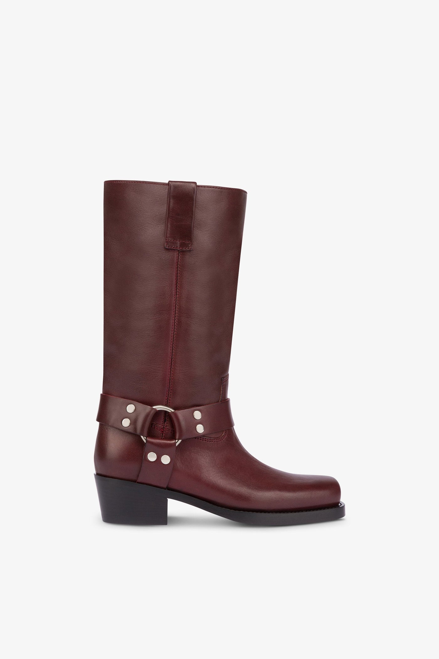 Square-toe boots in smooth plum leather