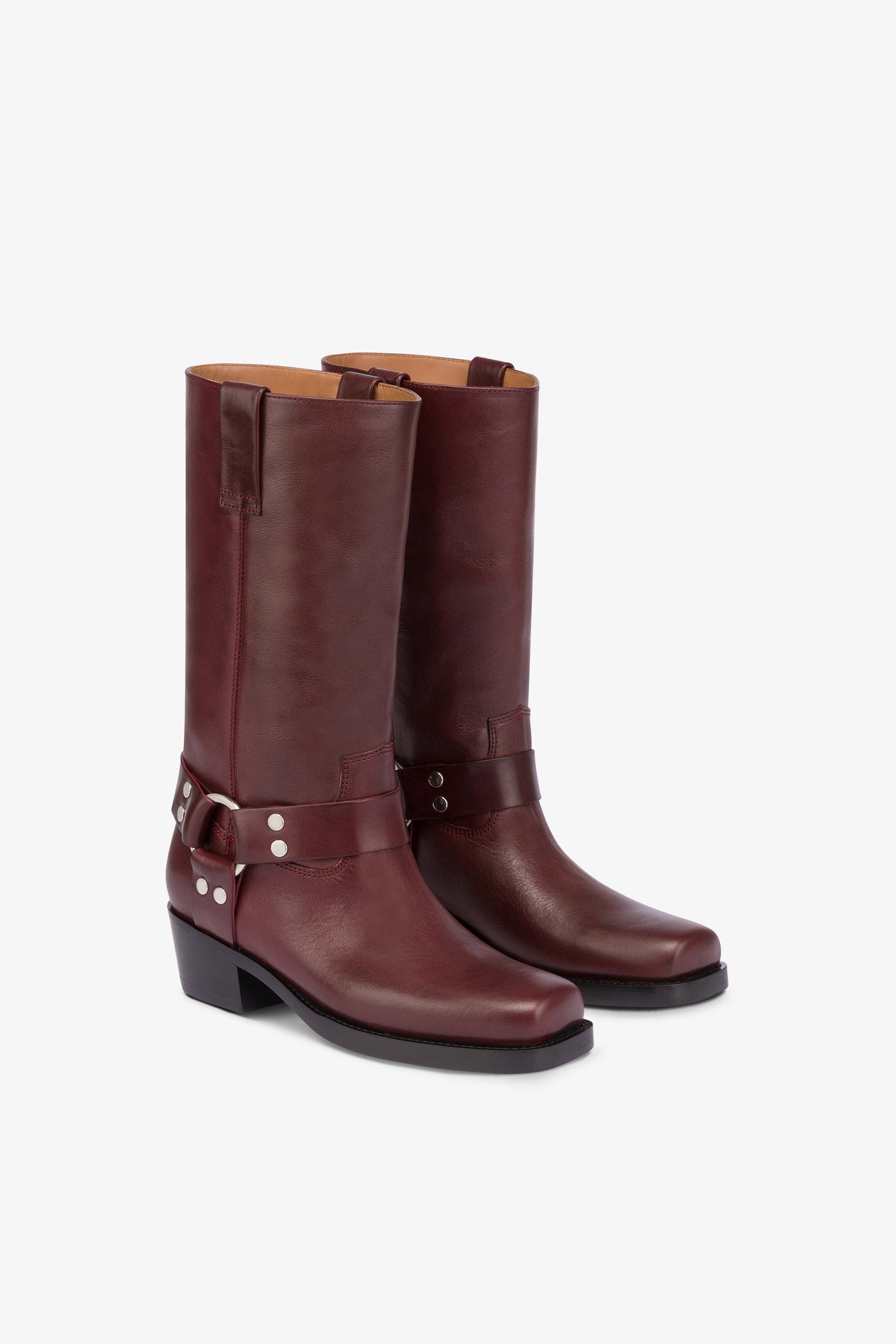 Square-toe boots in smooth plum leather