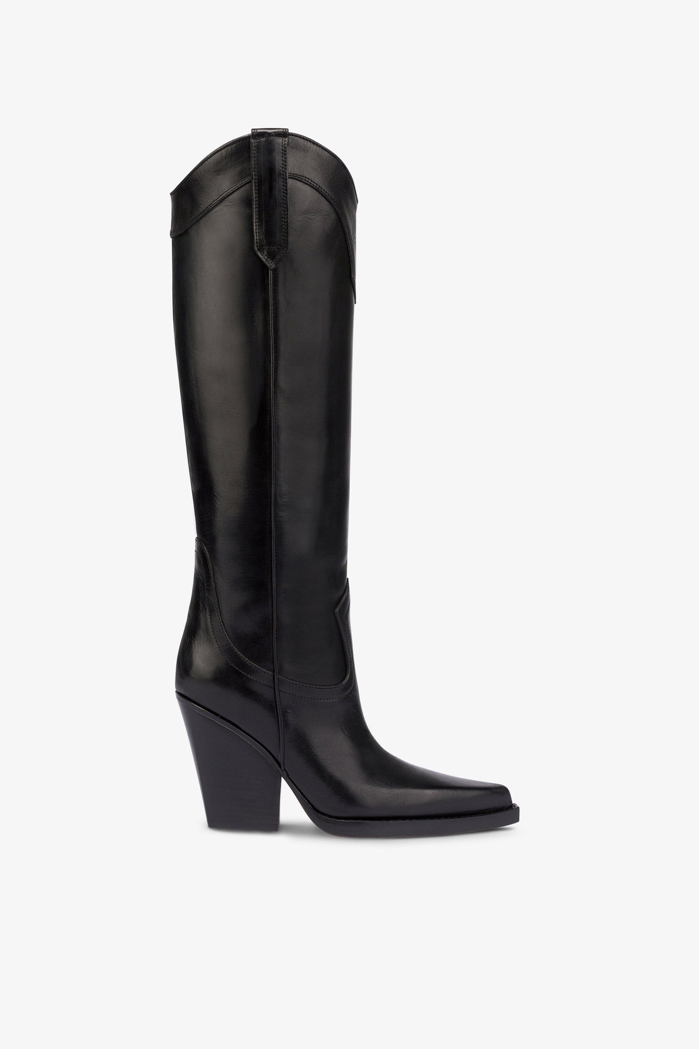 Pointed knee-high boots in black shiny vintage leather