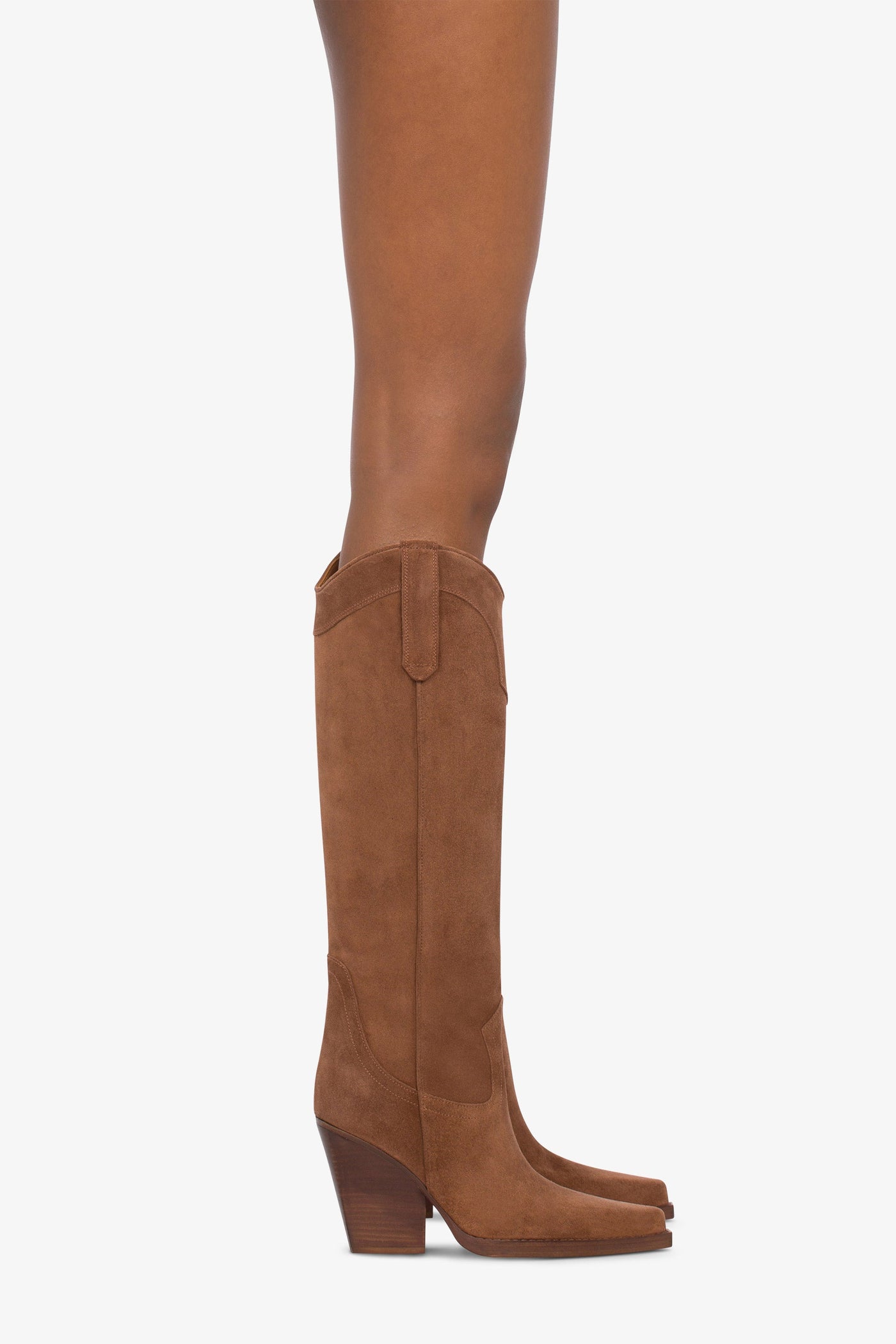 Pointed knee-high boots in smooth dark brown leather