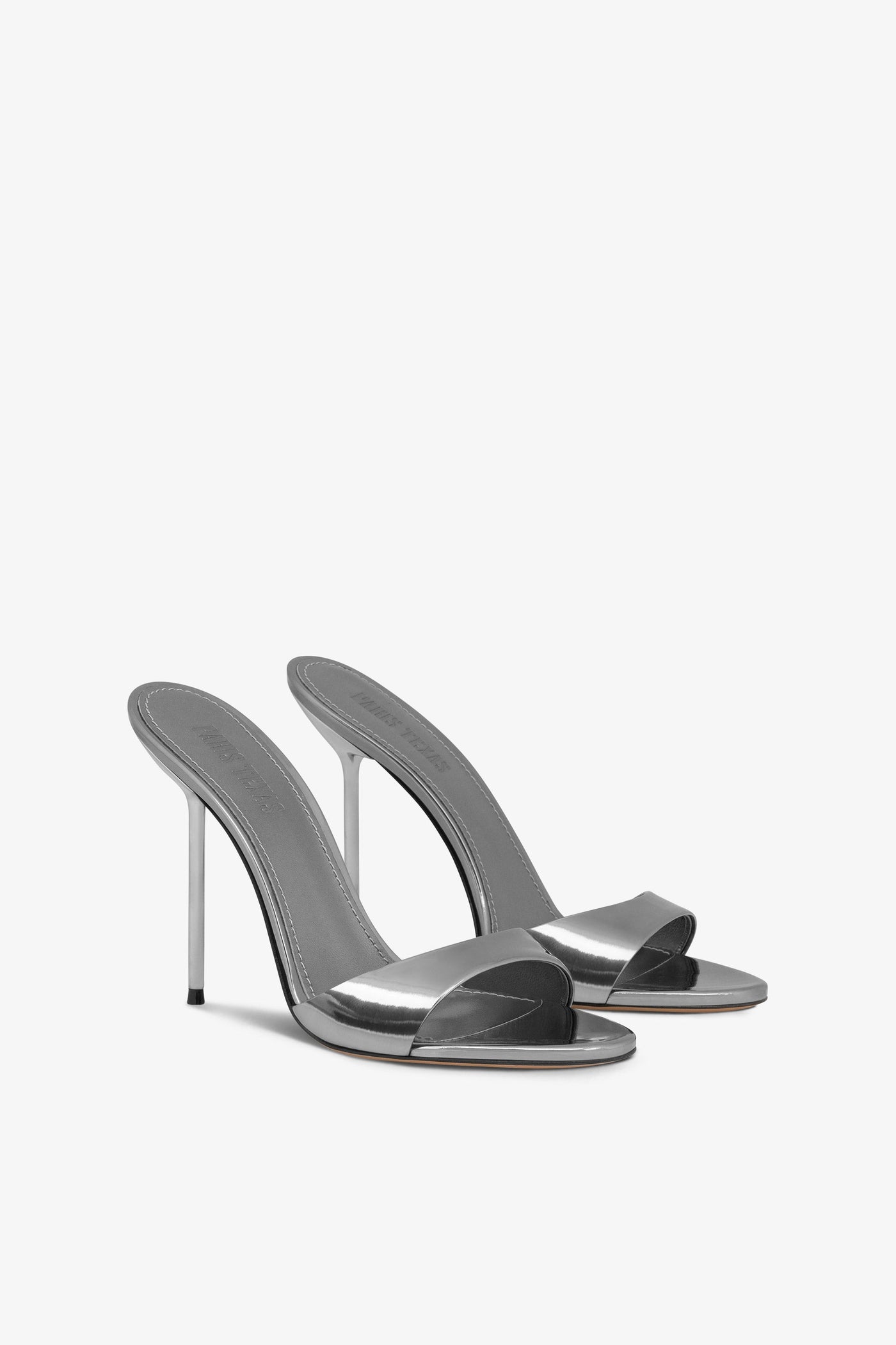 Almond-toe mules in gunmetal mirror-effect leather