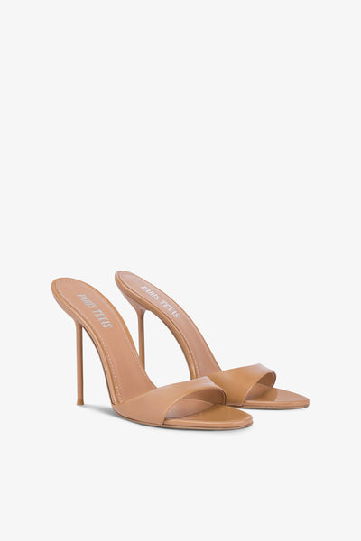 Almond-toe mules in patent caramel leather