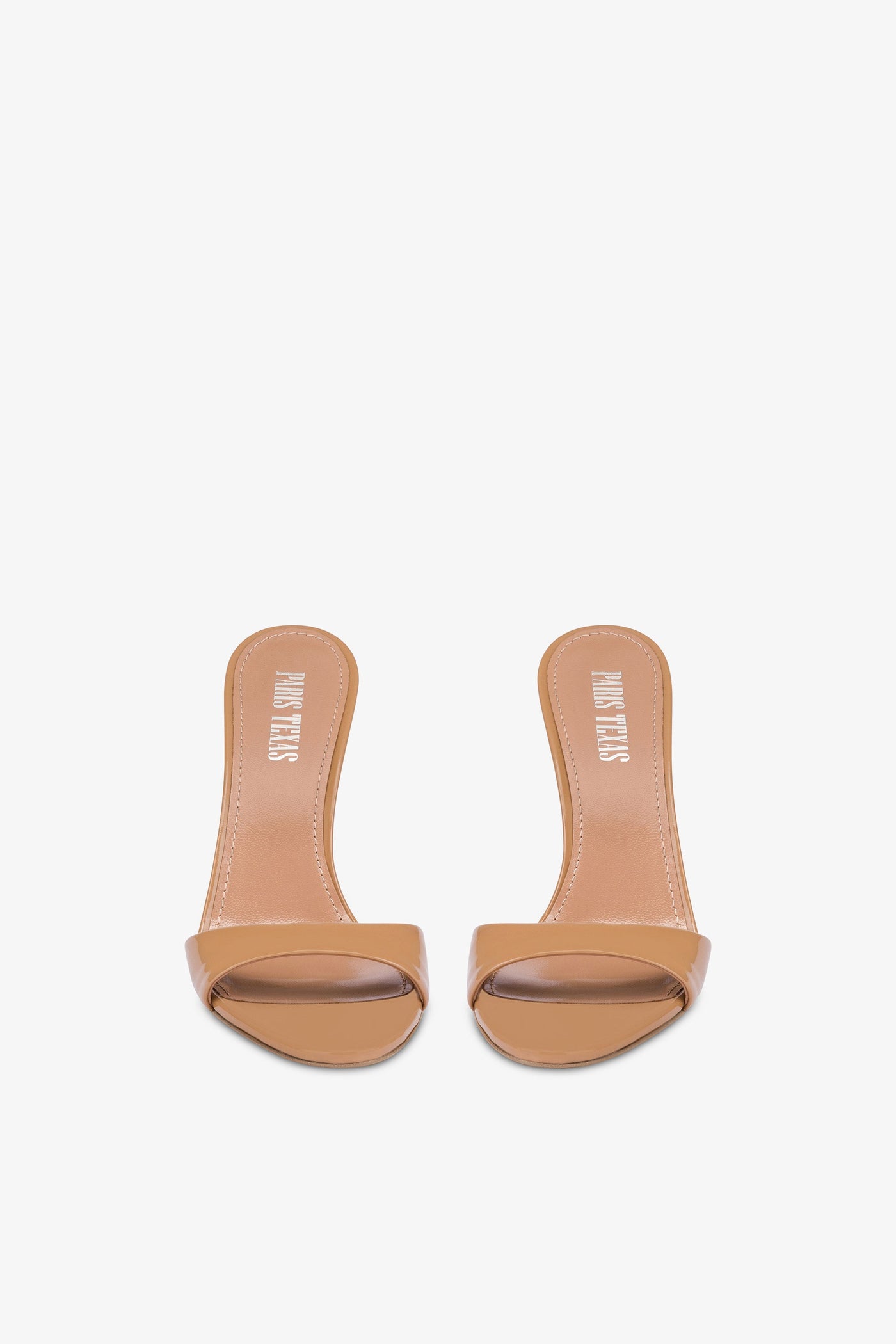 Almond-toe mules in patent caramel leather