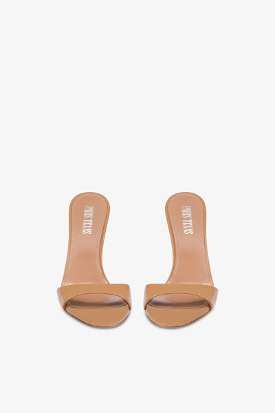 Almond-toe mules in patent caramel leather