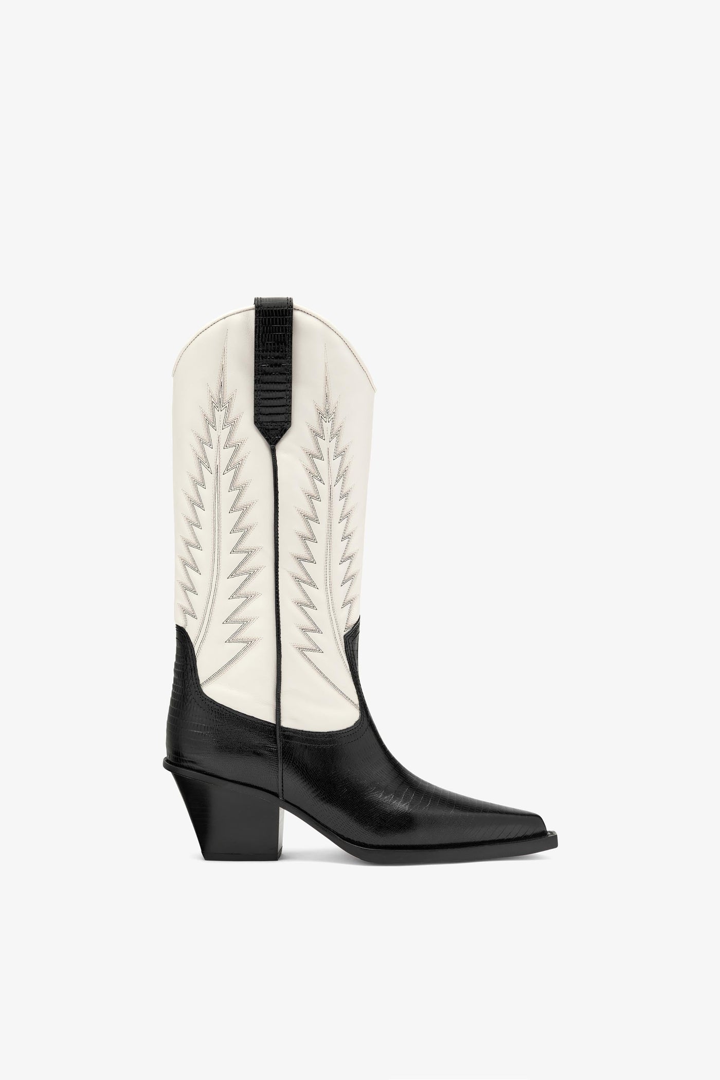 Black and white lizard-effect nappa leather boots