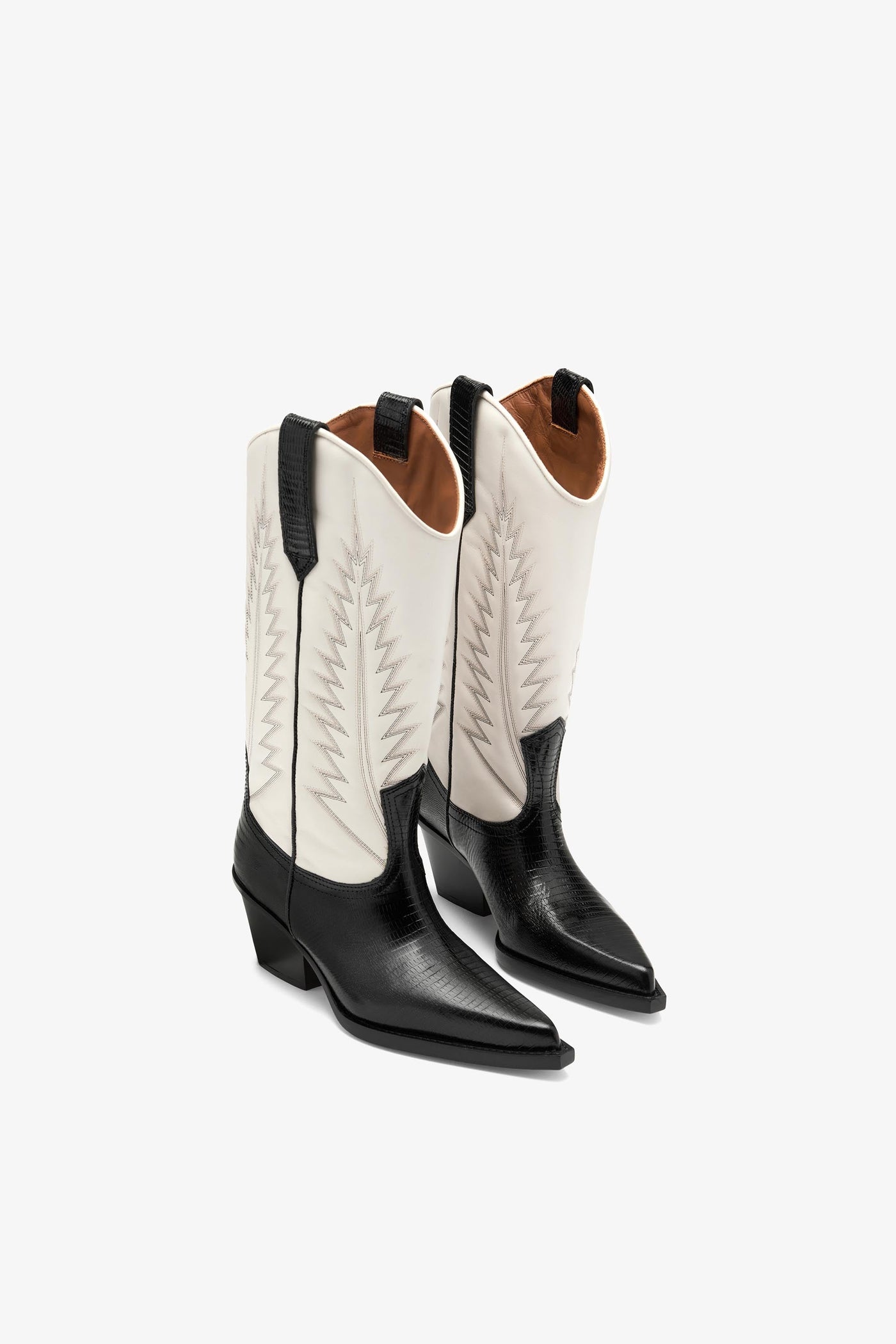 Black and white lizard-effect nappa leather boots