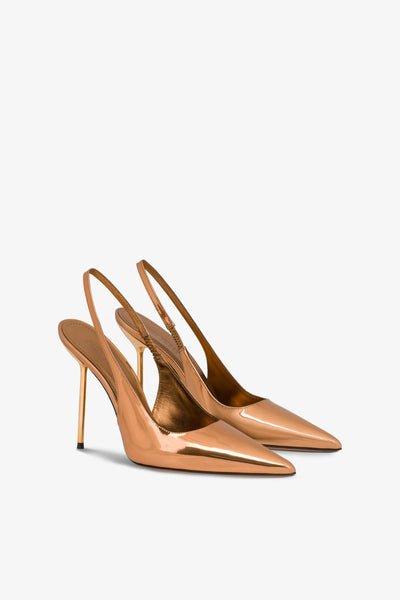 Sharp, pointed slingbacks in bronze mirror-effect leather