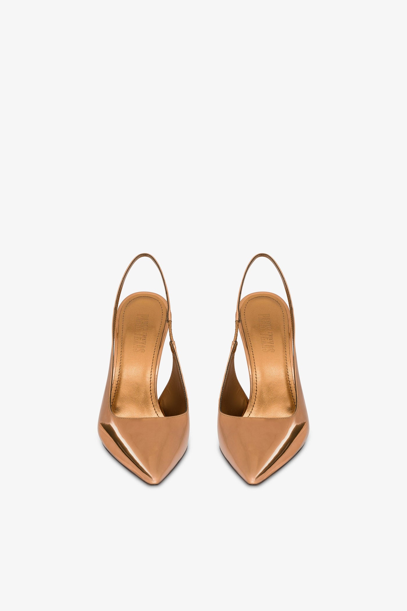 Sharp, pointed slingbacks in bronze mirror-effect leather