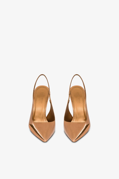 Sharp, pointed slingbacks in bronze mirror-effect leather