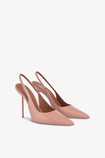 Sharp, pointed slingbacks in patent Texas pink leather