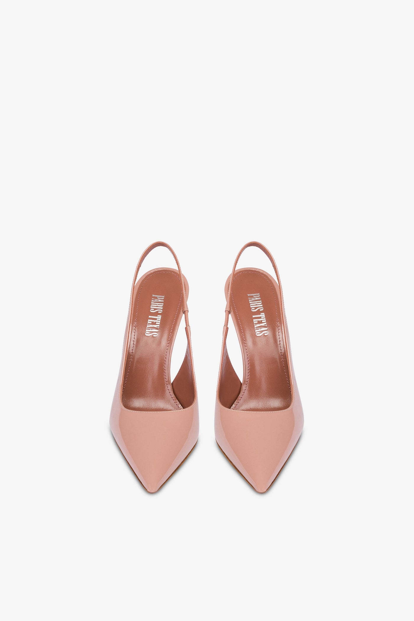 Sharp, pointed slingbacks in patent Texas pink leather