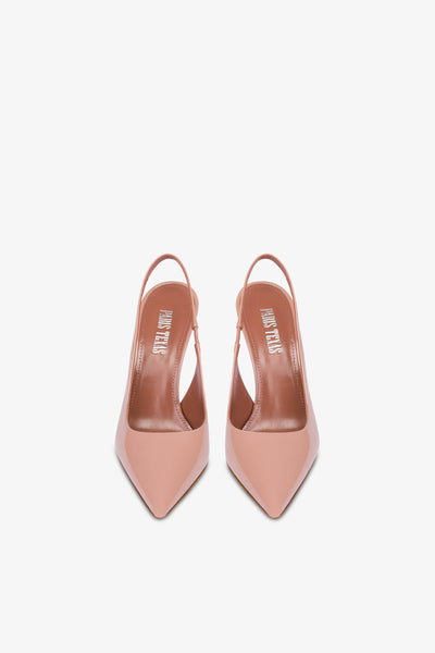 Sharp, pointed slingbacks in patent Texas pink leather