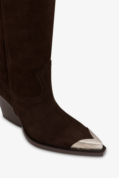 Pointed knee-high boots in smooth pepper suede leather