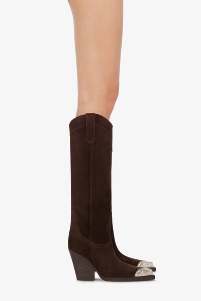 Pointed knee-high boots in smooth pepper suede leather