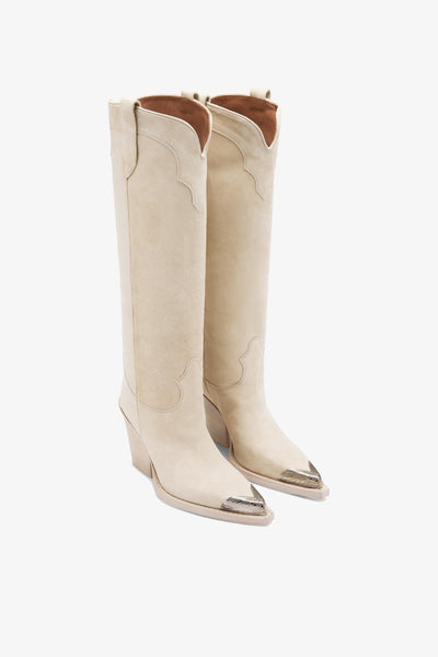 Off white calf suede boots with metallic toe