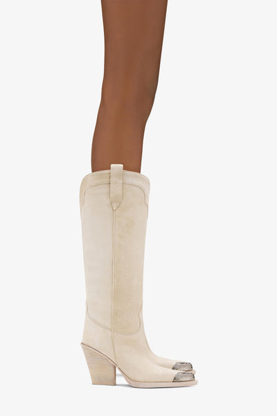 Off white calf suede boots with metallic toe