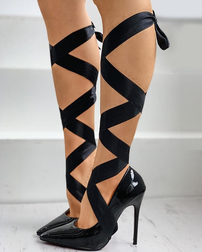 Bandage entrecroisé Bout pointu Stiletto Talon bas rouge