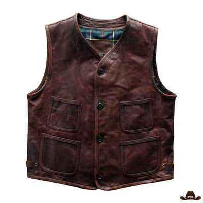 Gilet Sans Manches en Cuir Pour Homme Style Western