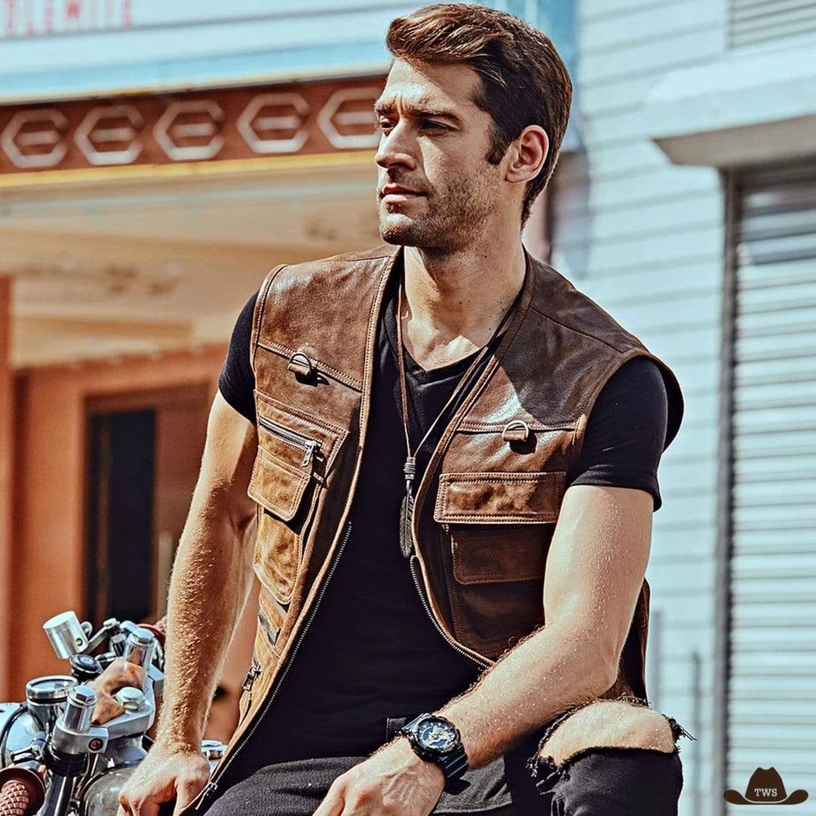 Veste Cuir Western Sans Manches Homme